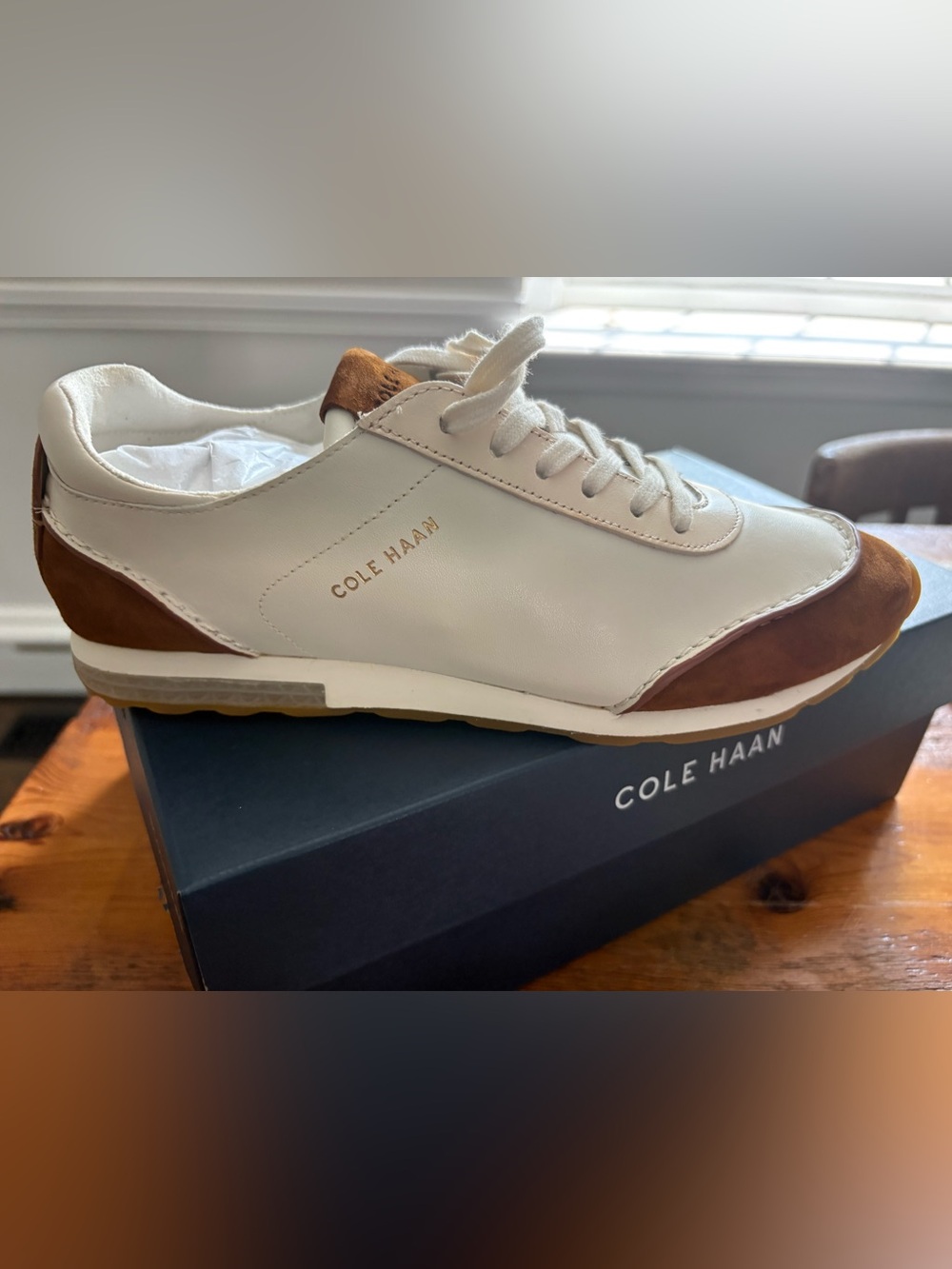 Cole Haan Women’s White Leather Sneakers with Brown Accents